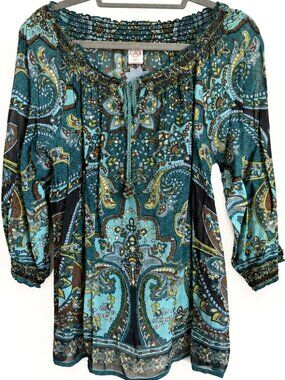 Mio M Teal Paisley Smocked Neck Beaded Peasant Tunic Blouse